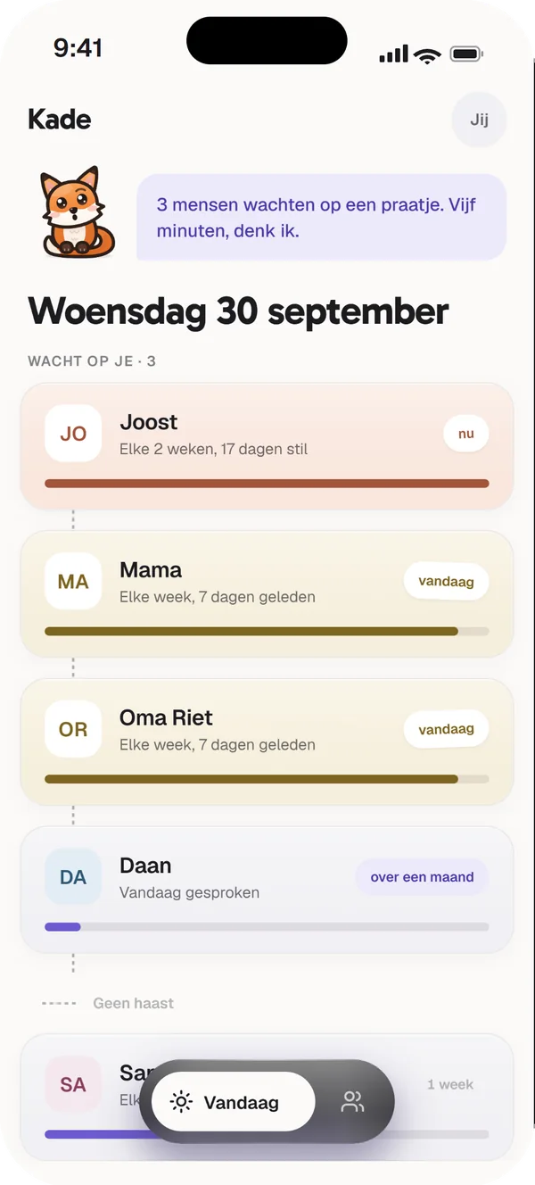Het Vandaag-scherm van Kade. De vos meldt dat drie mensen op een praatje wachten: Joost, Mama en Oma Riet.