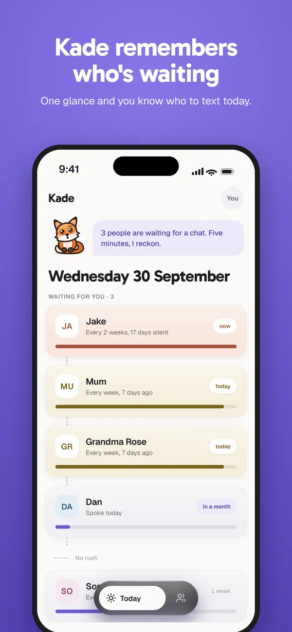 Kade’s first App Store image: ‘Kade remembers who’s waiting’, with the Today screen where the fox says three people are waiting for a chat.